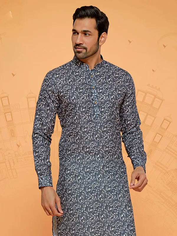 Dark grey printed kurta suit for men for festival