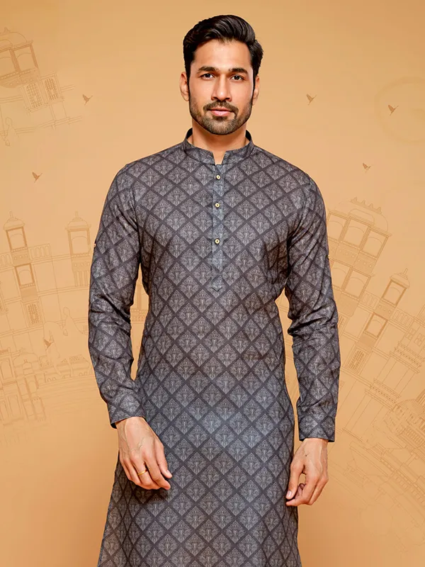 Dark grey printed kurta suit for men for men