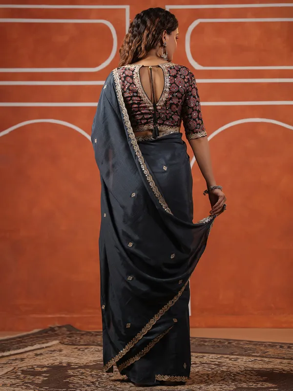 Dark grey printed muslin saree for women