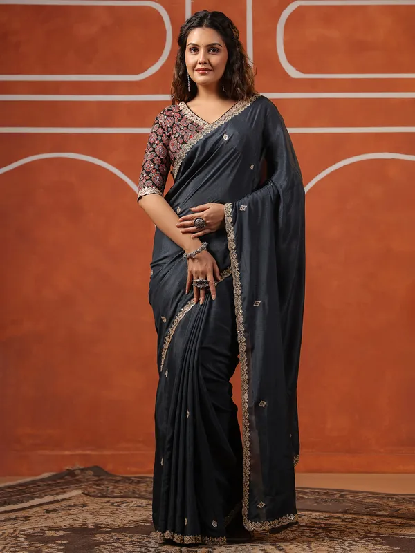 Dark grey printed muslin saree for women