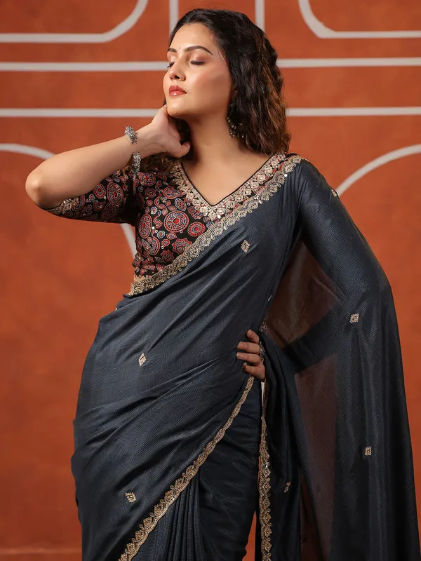 Dark grey printed muslin saree for women