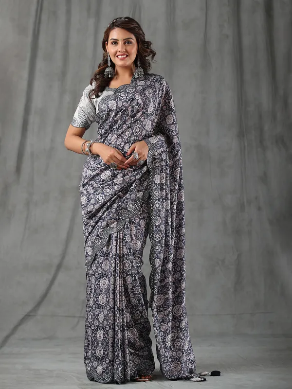 Dark grey printed muslin silk saree