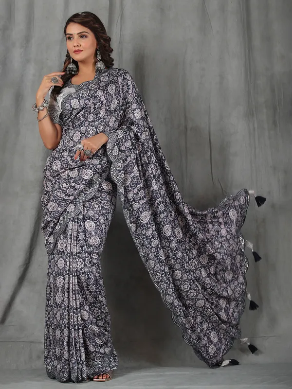 Dark grey printed muslin silk saree