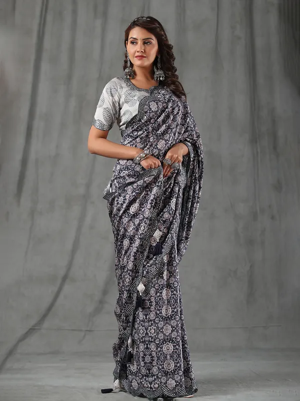 Dark grey printed muslin silk saree