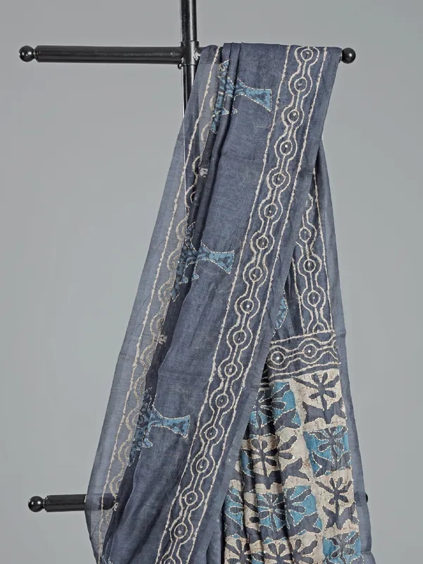 Dark grey printed semi cotton saree
