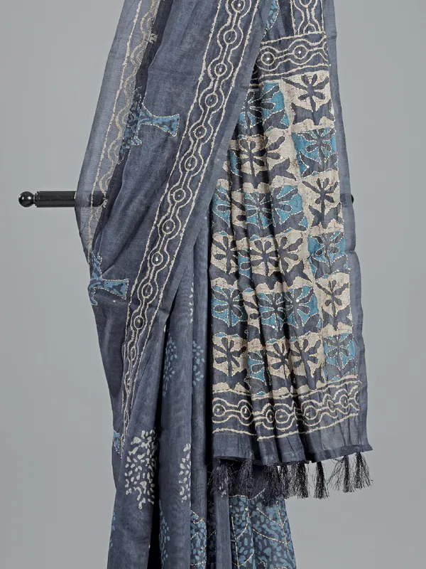 Dark grey printed semi cotton saree