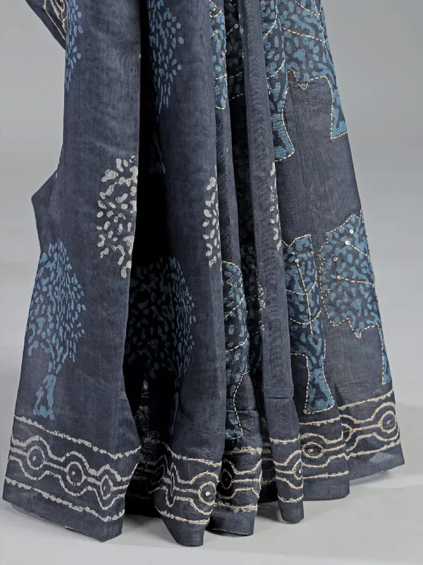 Dark grey printed semi cotton saree
