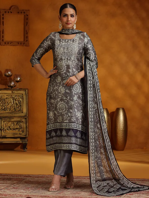 Dark grey printed silk kurti set for women