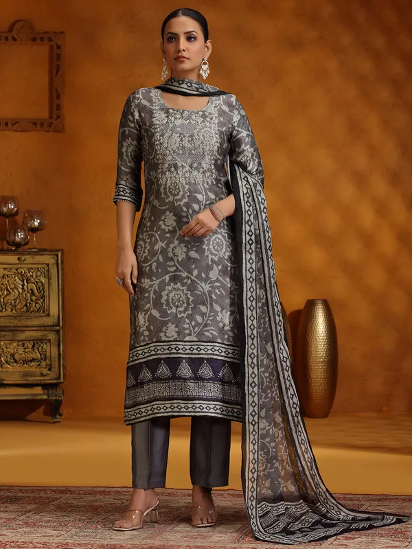 Dark grey printed silk kurti set for women