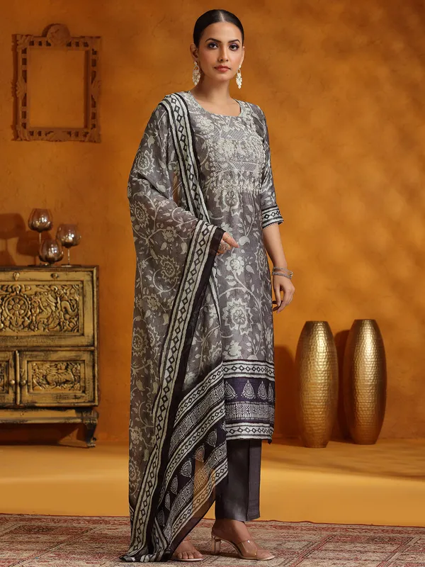 Dark grey printed silk kurti set for women