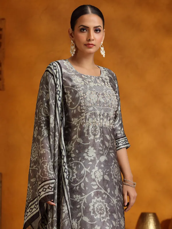 Dark grey printed silk kurti set for women