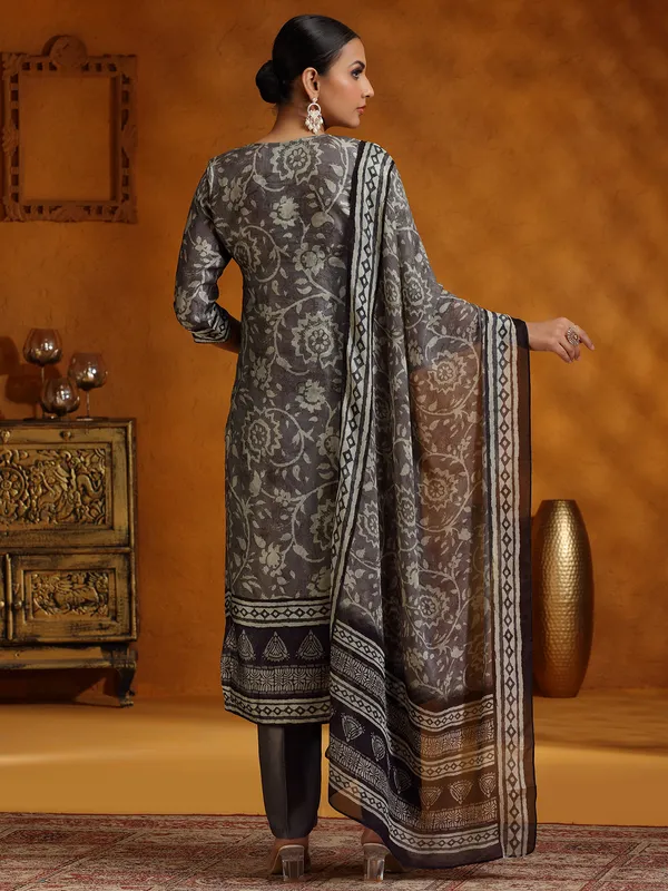 Dark grey printed silk kurti set for women