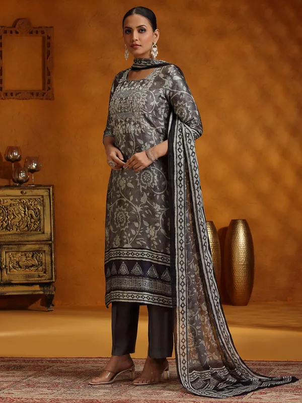 Dark grey printed silk kurti set for women