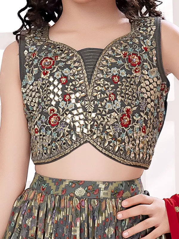 Dark grey printed silk lahenga choli