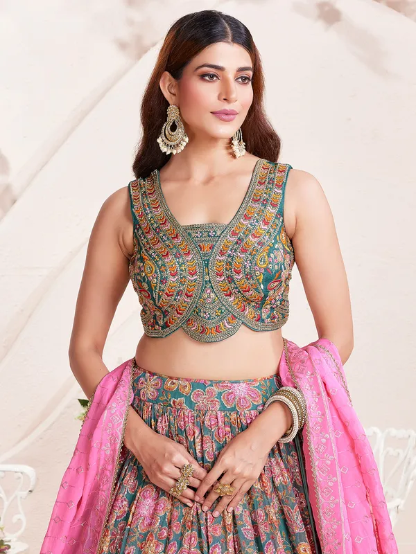 Dark Grey printed silk lehenga choli for women