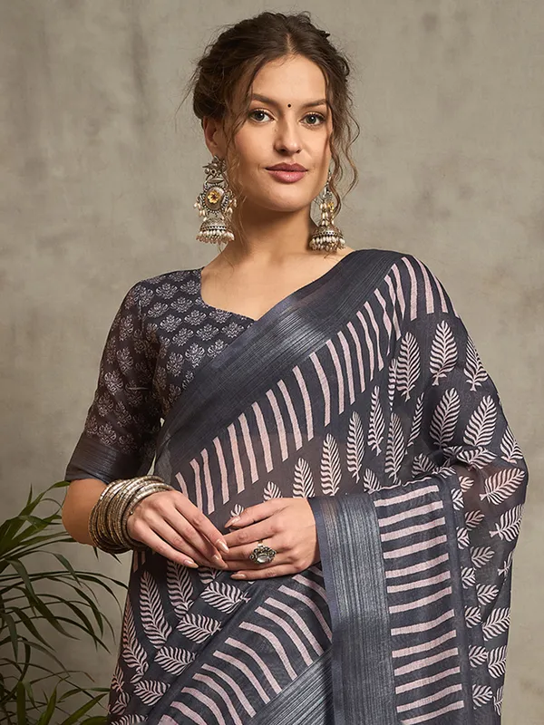Dark grey pure linen saree with prints