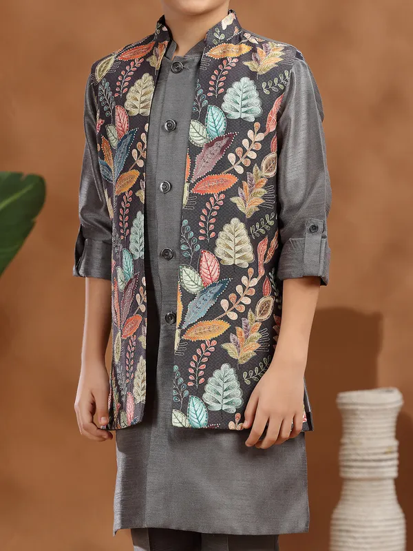 Dark grey raw silk printed waistcoat set