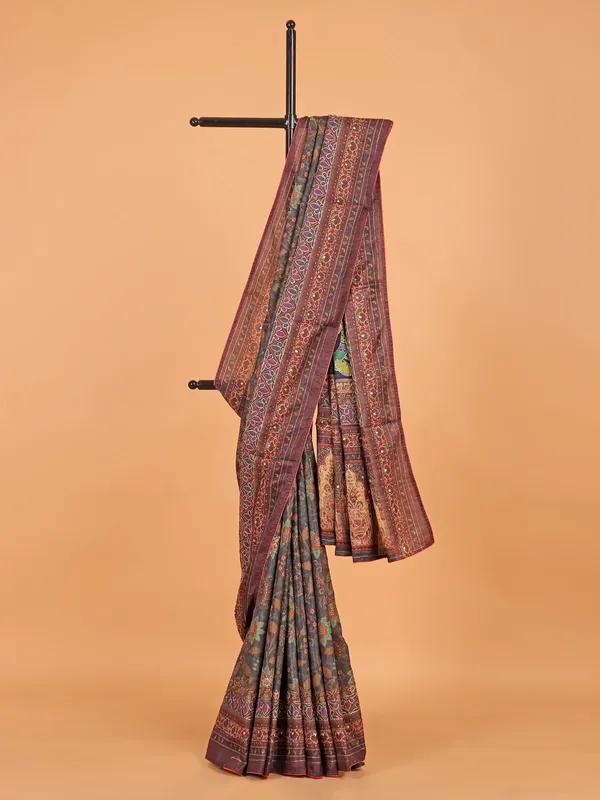 Dark grey semi cotton silk printed saree