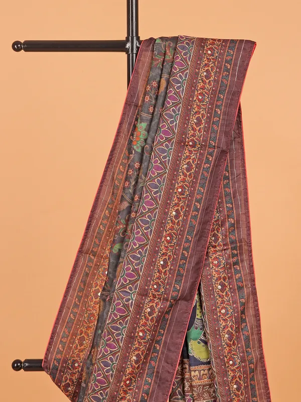 Dark grey semi cotton silk printed saree