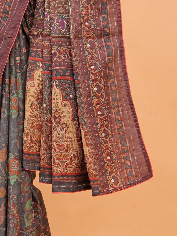 Dark grey semi cotton silk printed saree