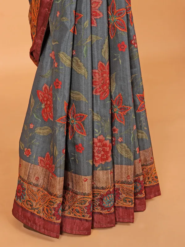Dark grey semi cotton silk saree for festive
