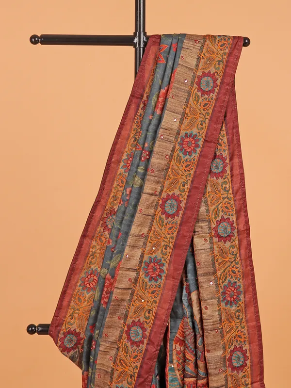 Dark grey semi cotton silk saree for festive