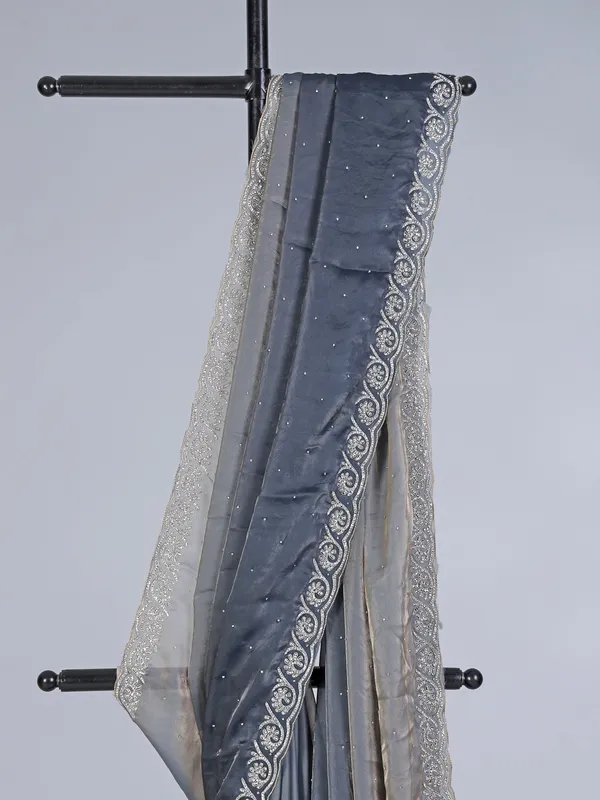 Dark grey semi tissue silk saree with diamond zardosi design