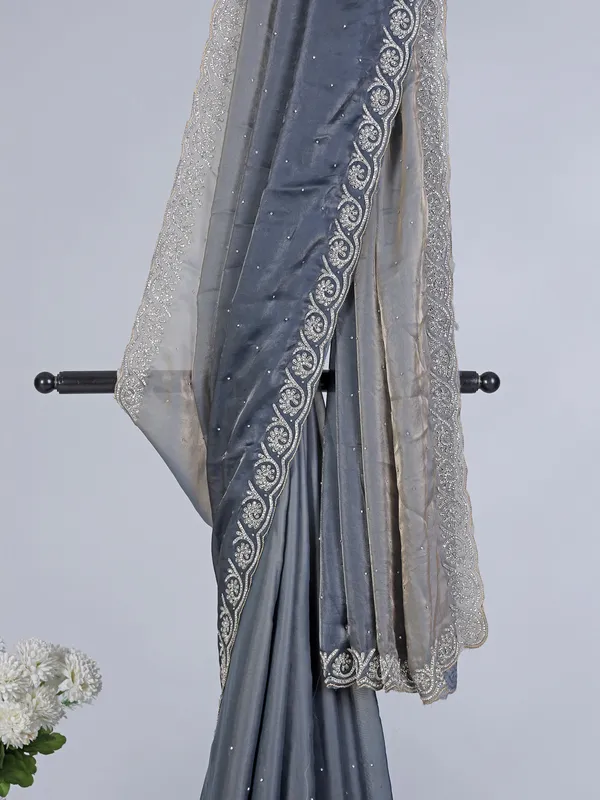 Dark grey semi tissue silk saree with diamond zardosi design