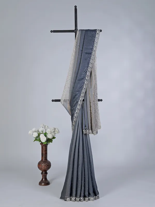 Dark grey semi tissue silk saree with diamond zardosi design