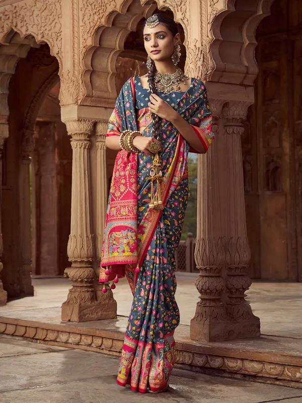 Dark grey silk printed saree