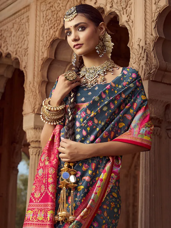 Dark grey silk printed saree