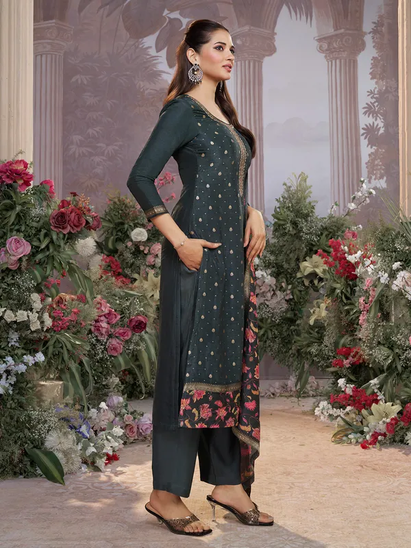 Dark grey silk round neck festive salwar suit