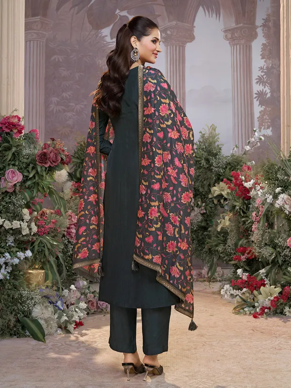 Dark grey silk round neck festive salwar suit