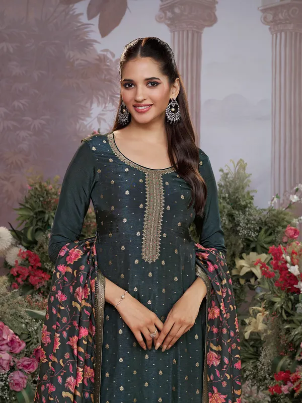 Dark grey silk round neck festive salwar suit