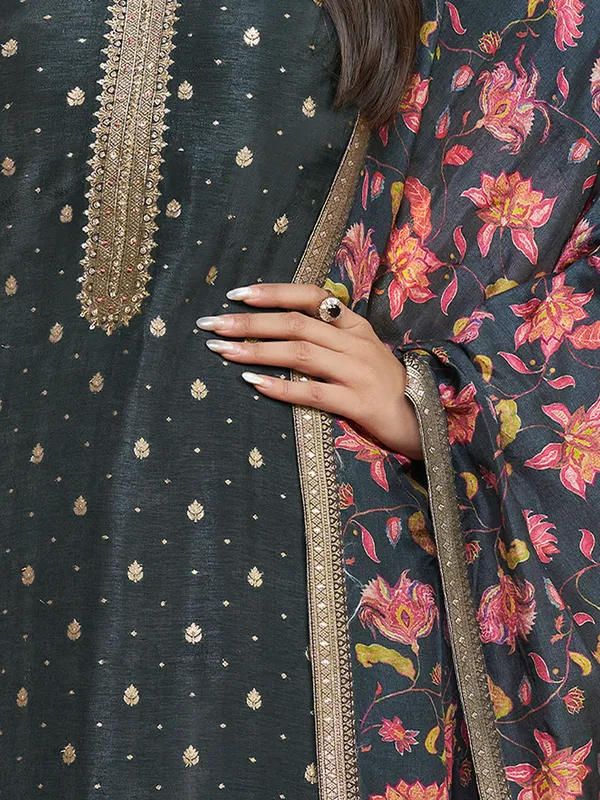 Dark grey silk round neck festive salwar suit