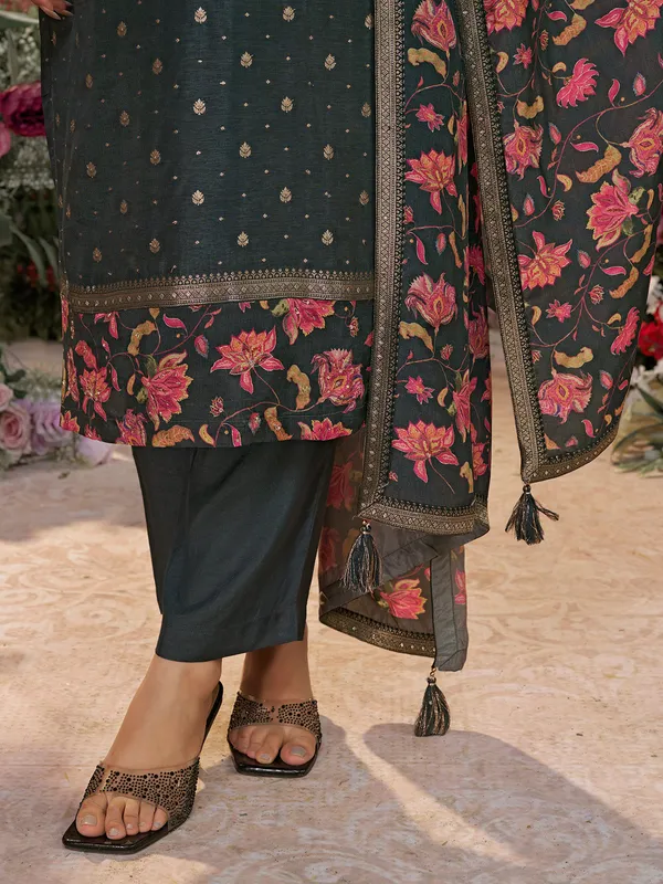 Dark grey silk round neck festive salwar suit