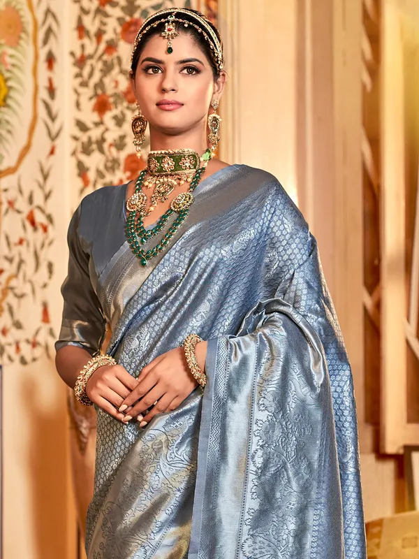 Dark grey silk saree for wedding