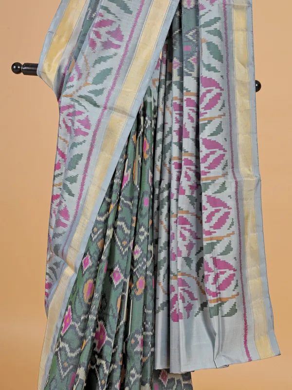 Dark grey silk saree in bandhej print