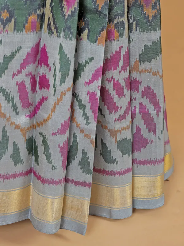 Dark grey silk saree in bandhej print