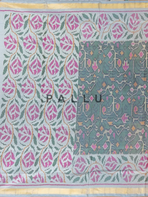 Dark grey silk saree in bandhej print