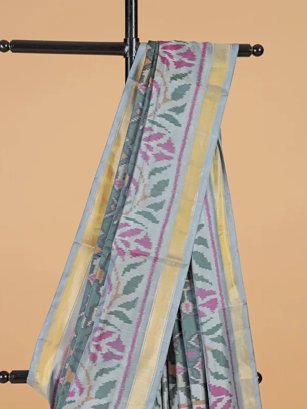 Dark grey silk saree in bandhej print