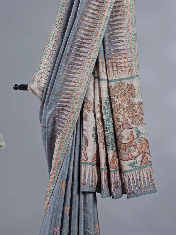 Dark grey silk saree with subtle thread highlights