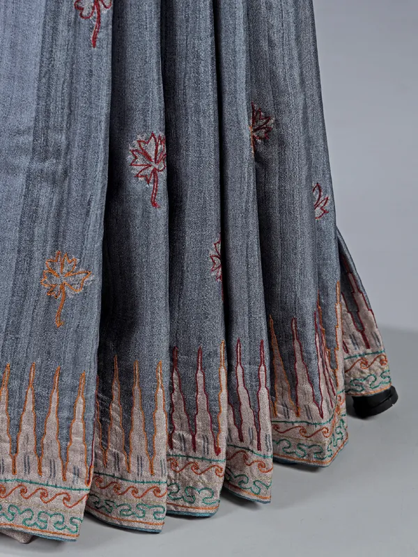 Dark grey silk saree with subtle thread highlights