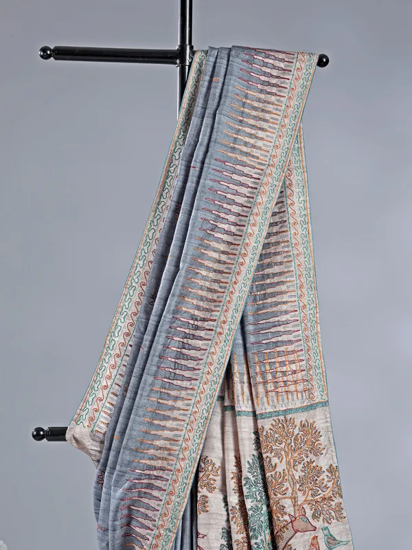Dark grey silk saree with subtle thread highlights
