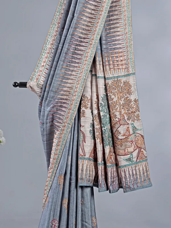 Dark grey silk saree with subtle thread highlights