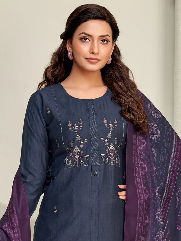 Dark grey silk yoke style embroidered salwar suit