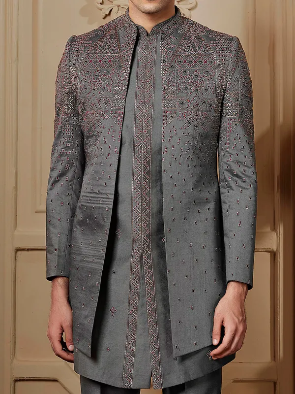 Dark grey terry rayon Indowestern for men