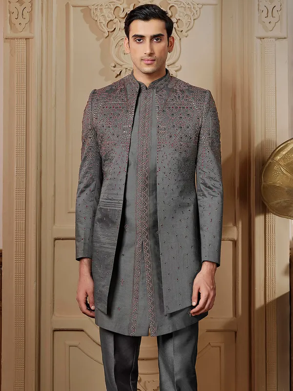 Dark grey terry rayon Indowestern for men
