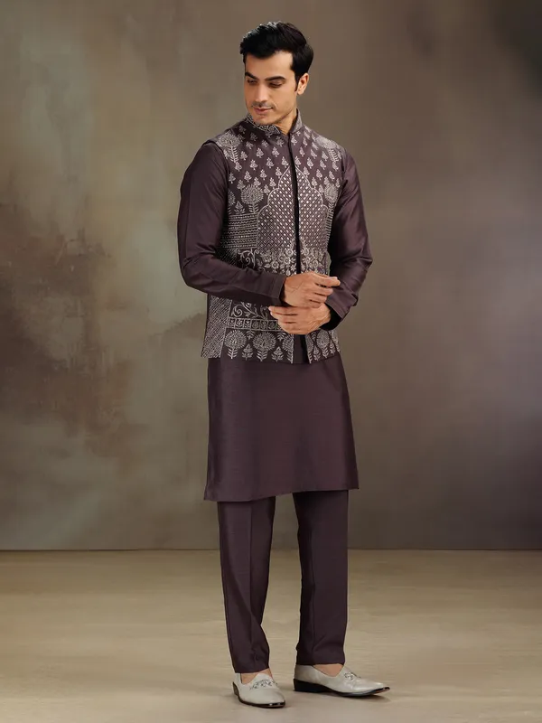 Dark wine wedding wear cotton silk waistcoat set