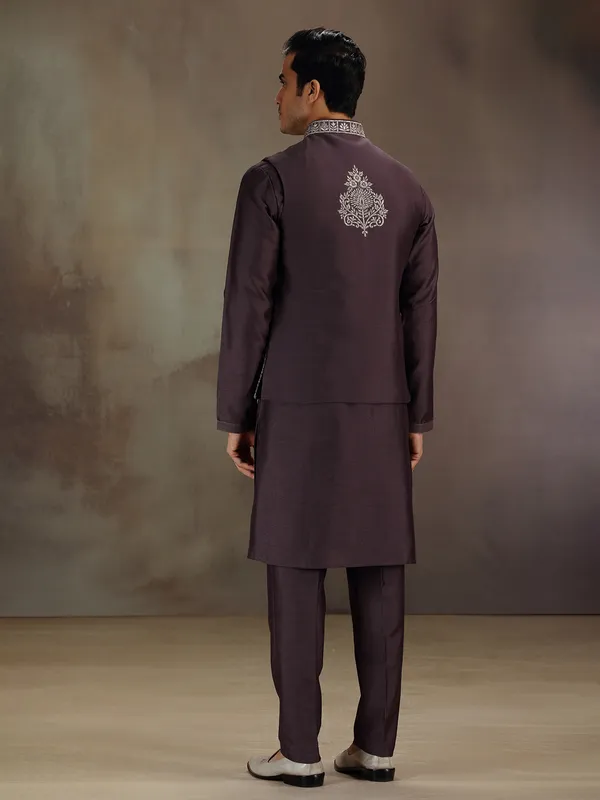 Dark wine wedding wear cotton silk waistcoat set